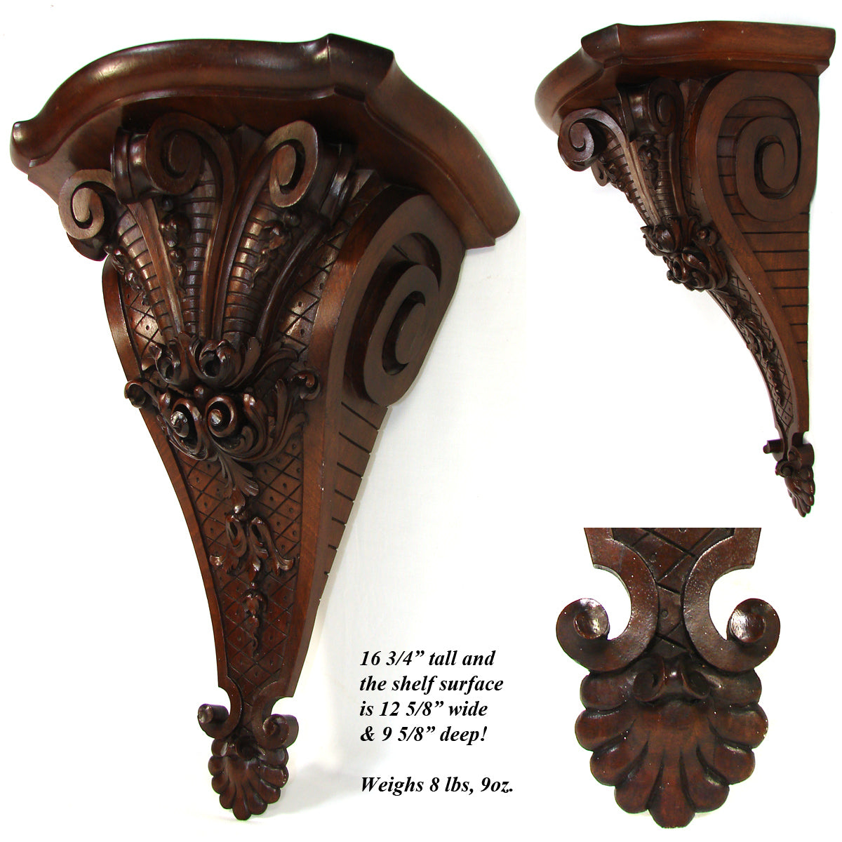 Gorgeous Antique French Carved Solid Walnut Wall, Clock or Bracket Shelf, Scrolled Acanthus