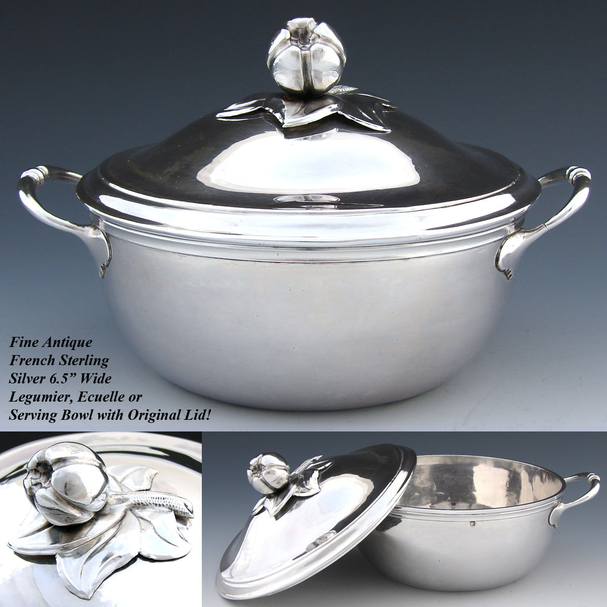 Antique French Sterling Silver 6.5" Wide Legumier or 'Ecuelle', Single Serving Dish, Bowl & Lid