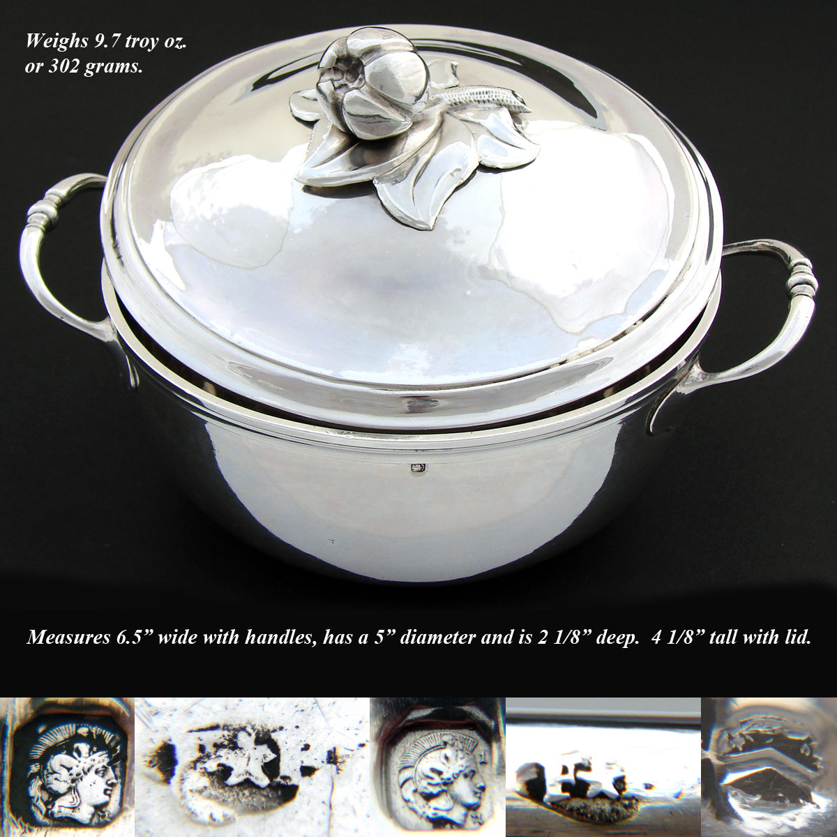 Antique French Sterling Silver 6.5" Wide Legumier or 'Ecuelle', Single Serving Dish, Bowl & Lid