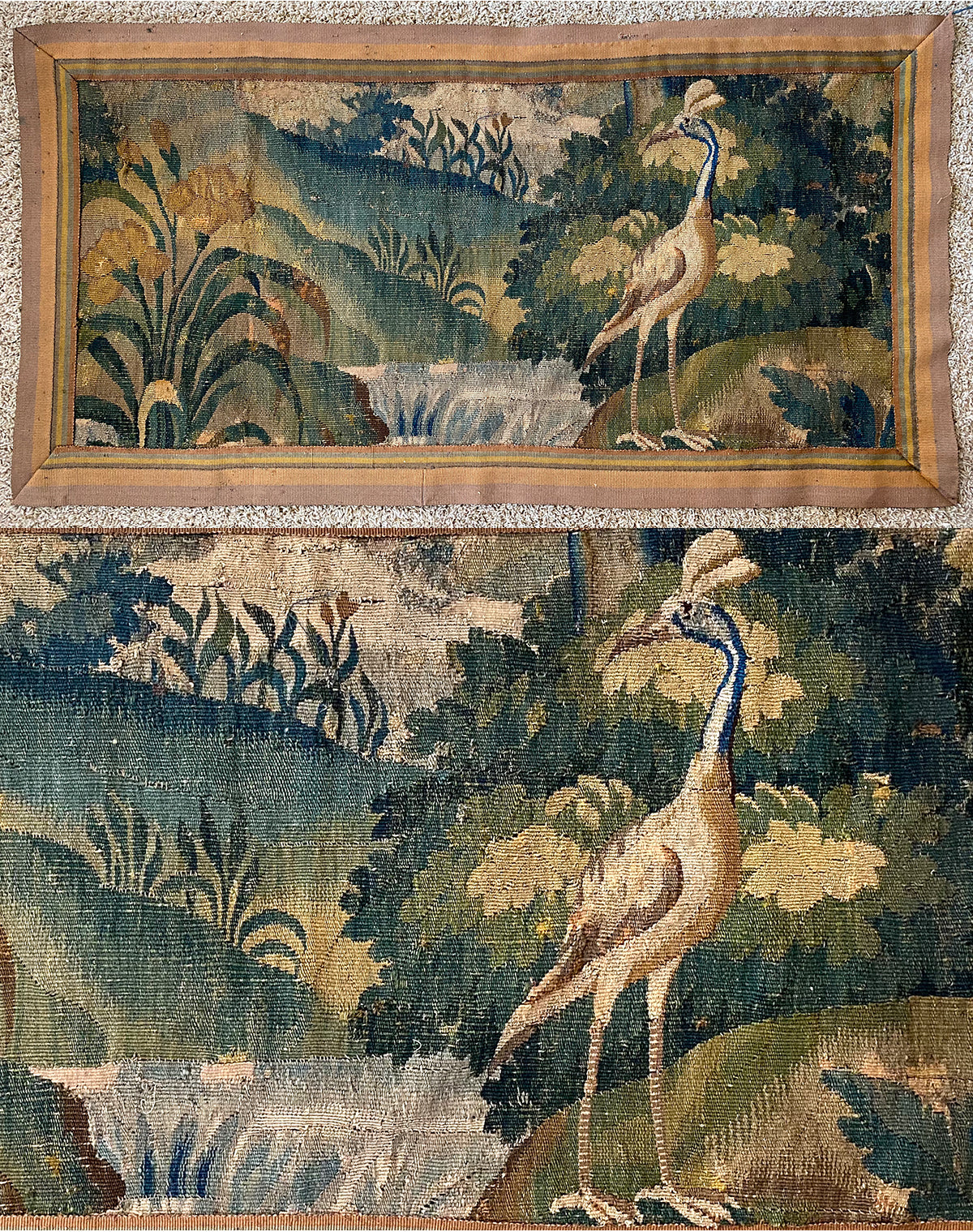 Fine c.1600s Antique Flemish Wool Verdure Tapestry Wall Hanging, Exotic Crane, Waterfall, Florals