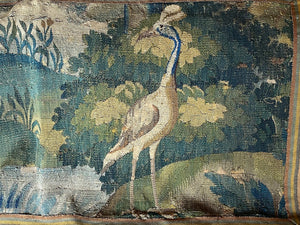 Fine c.1600s Antique Flemish Wool Verdure Tapestry Wall Hanging, Exotic Crane, Waterfall, Florals
