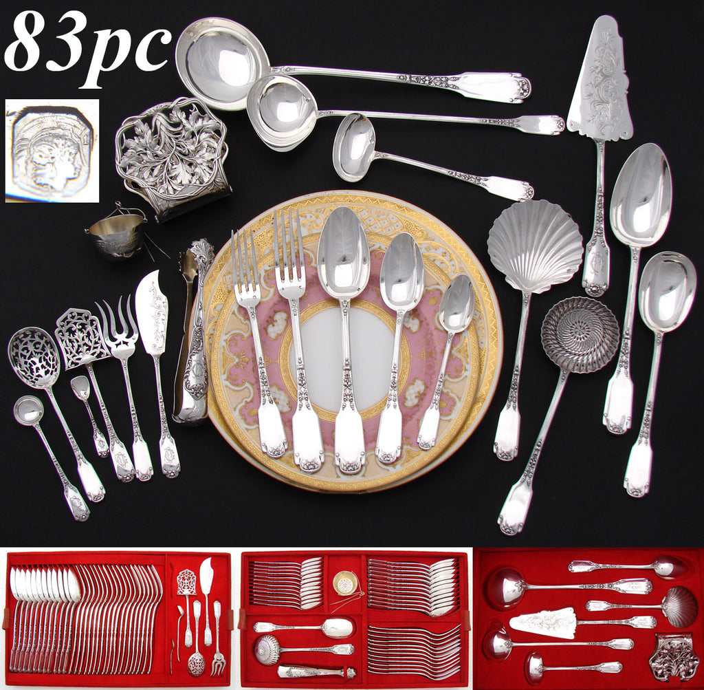 RARE Antique French Sterling Silver 83pc Flatware Set, 5pc for TWELVE, Serving Pieces, Chest