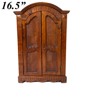 Antique French Ebaniste Apprentice or Doll Sized Miniature 16.5" Armoire, Carved Accents