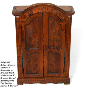 Antique French Ebaniste Apprentice or Doll Sized Miniature 16.5" Armoire, Carved Accents