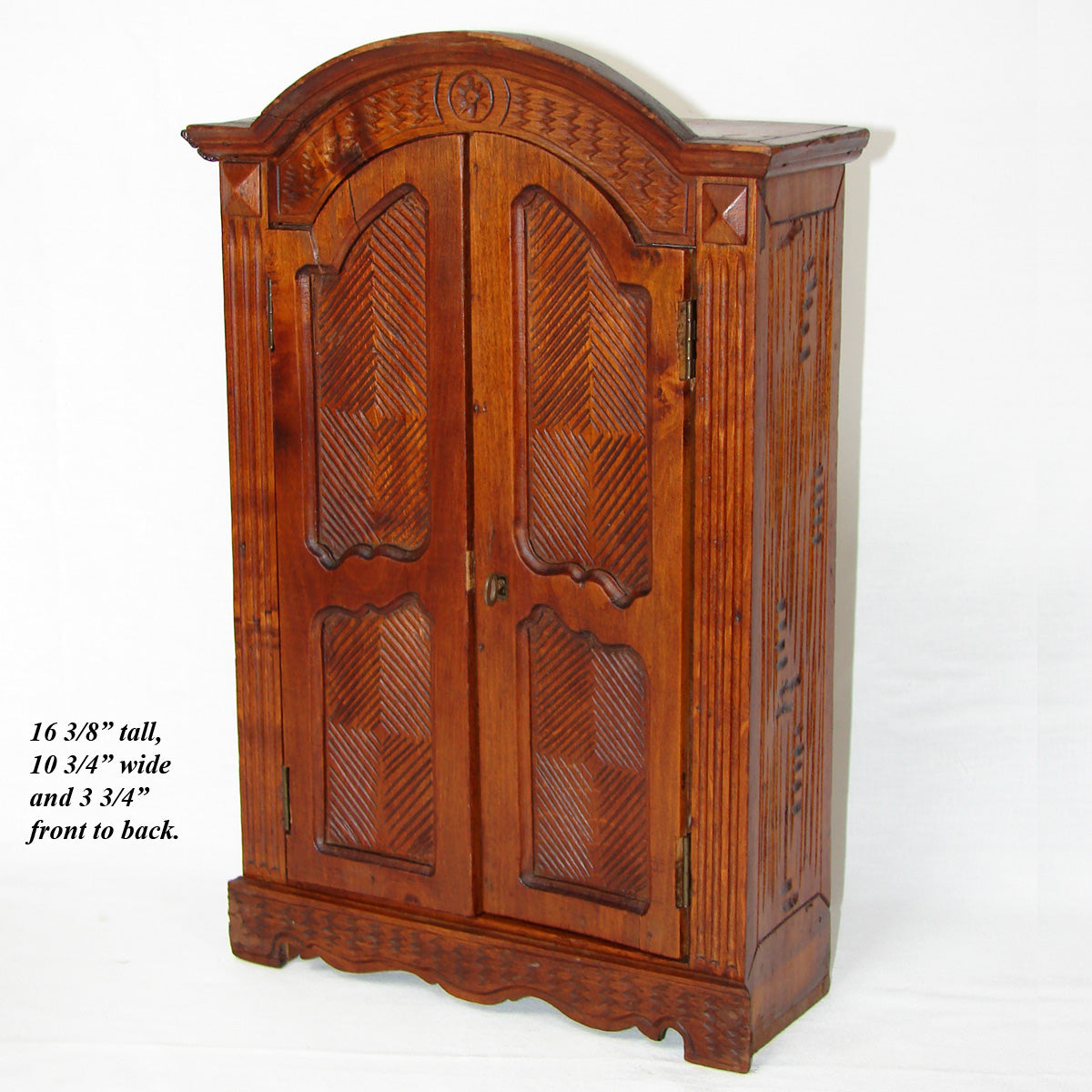 Antique French Ebaniste Apprentice or Doll Sized Miniature 16.5" Armoire, Carved Accents