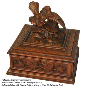 Fab Antique Victorian Era Black Forest Carved 9" Desk or Jewelry Box, Casket, Foliate with Two Birds