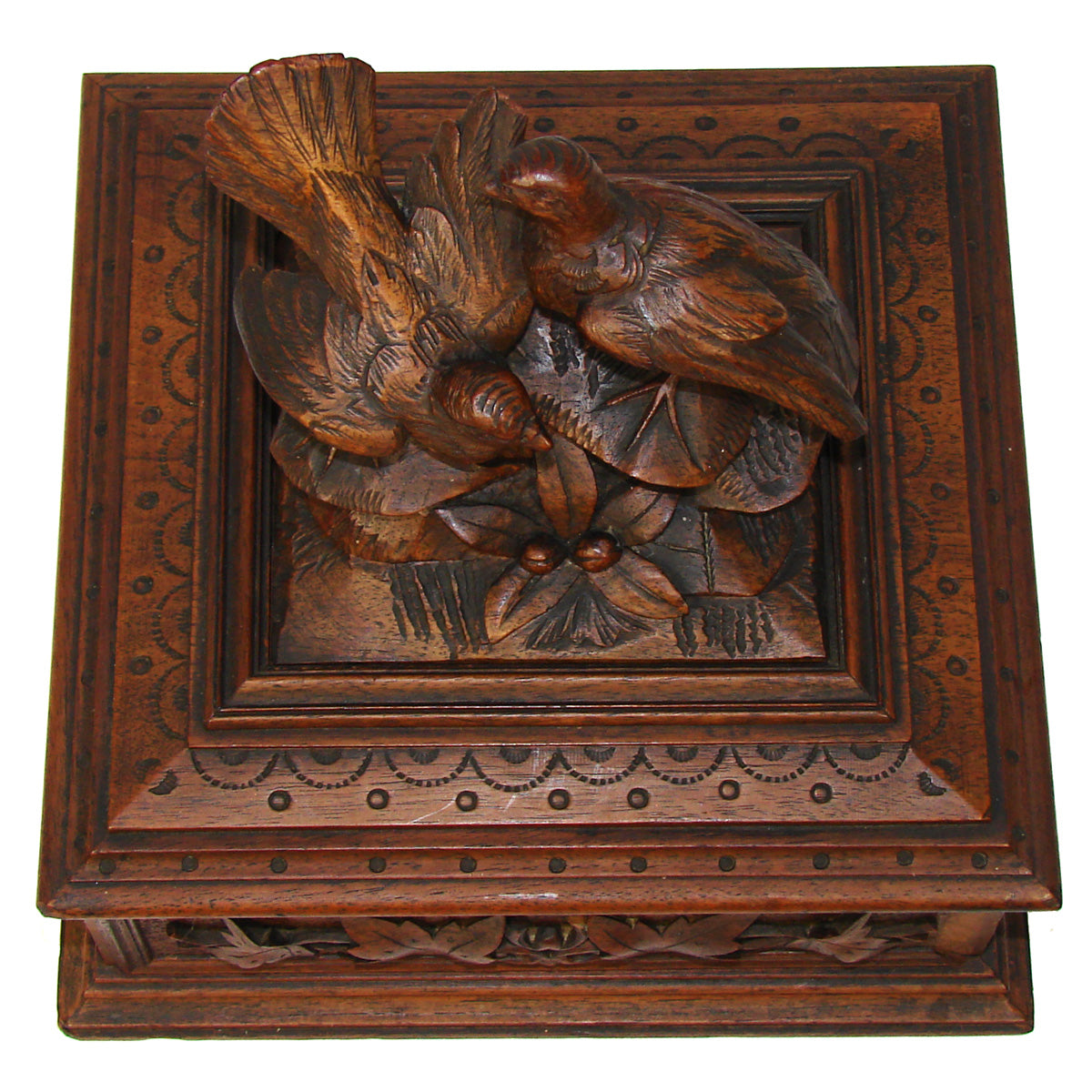 Fab Antique Victorian Era Black Forest Carved 9" Desk or Jewelry Box, Casket, Foliate with Two Birds