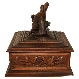 Fab Antique Victorian Era Black Forest Carved 9" Desk or Jewelry Box, Casket, Foliate with Two Birds