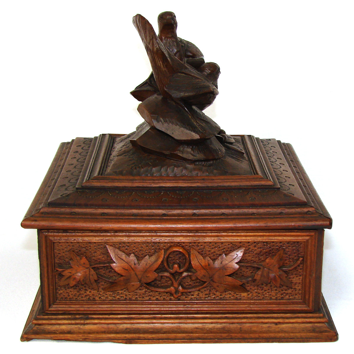 Fab Antique Victorian Era Black Forest Carved 9" Desk or Jewelry Box, Casket, Foliate with Two Birds