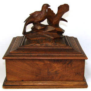 Fab Antique Victorian Era Black Forest Carved 9" Desk or Jewelry Box, Casket, Foliate with Two Birds