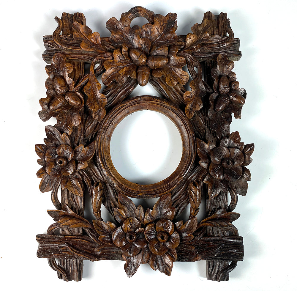 Antique HC Wood Black Forest Frame or Pocket Watch Holder, Acorns and Oak Leaves