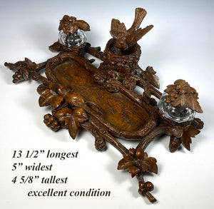 Superb HC 19th c. Black Forest 13.5" Desk Stand, Double Inkwell, Bird and Acorns