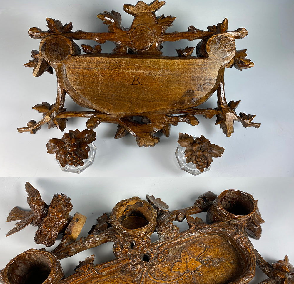 Superb HC 19th c. Black Forest 13.5" Desk Stand, Double Inkwell, Bird and Acorns