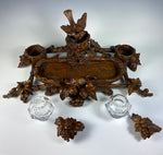 Superb HC 19th c. Black Forest 13.5" Desk Stand, Double Inkwell, Bird and Acorns