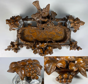 Superb HC 19th c. Black Forest 13.5" Desk Stand, Double Inkwell, Bird and Acorns