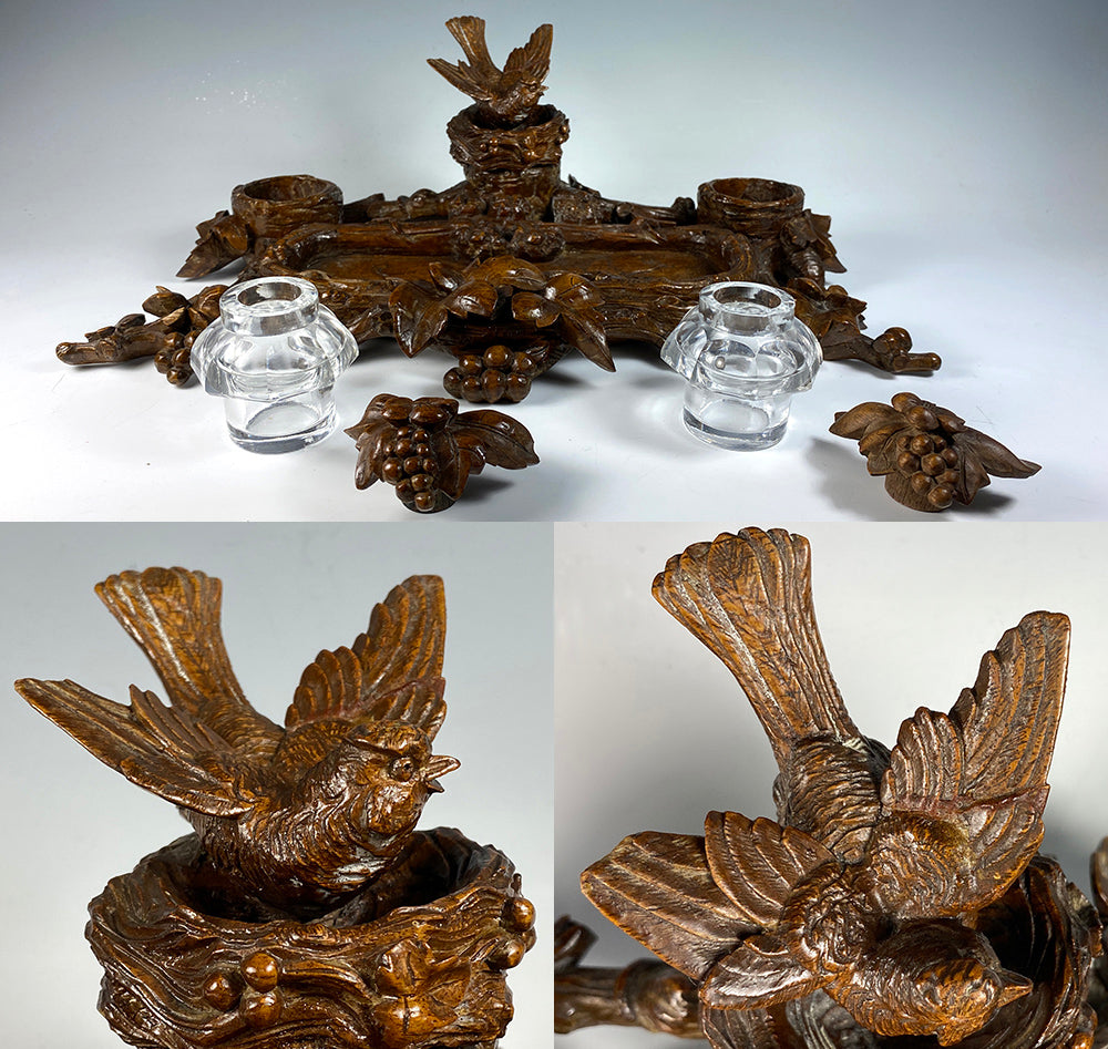 Superb HC 19th c. Black Forest 13.5" Desk Stand, Double Inkwell, Bird and Acorns