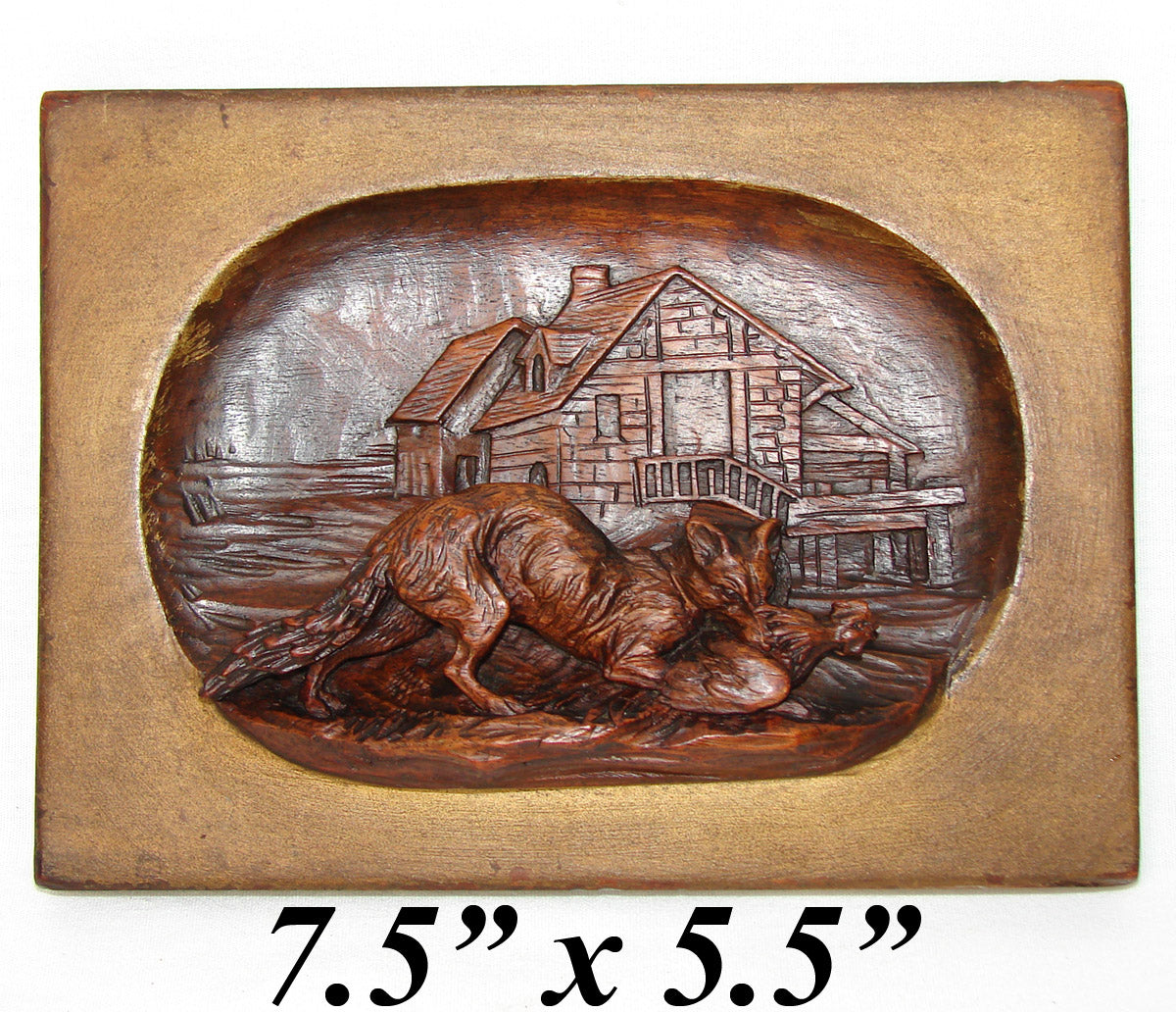 Antique Victorian Era Black Forest Carved 7.5" Plaque, Figural Fox & Hen or Rooster Hunt Theme