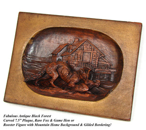 Antique Victorian Era Black Forest Carved 7.5" Plaque, Figural Fox & Hen or Rooster Hunt Theme