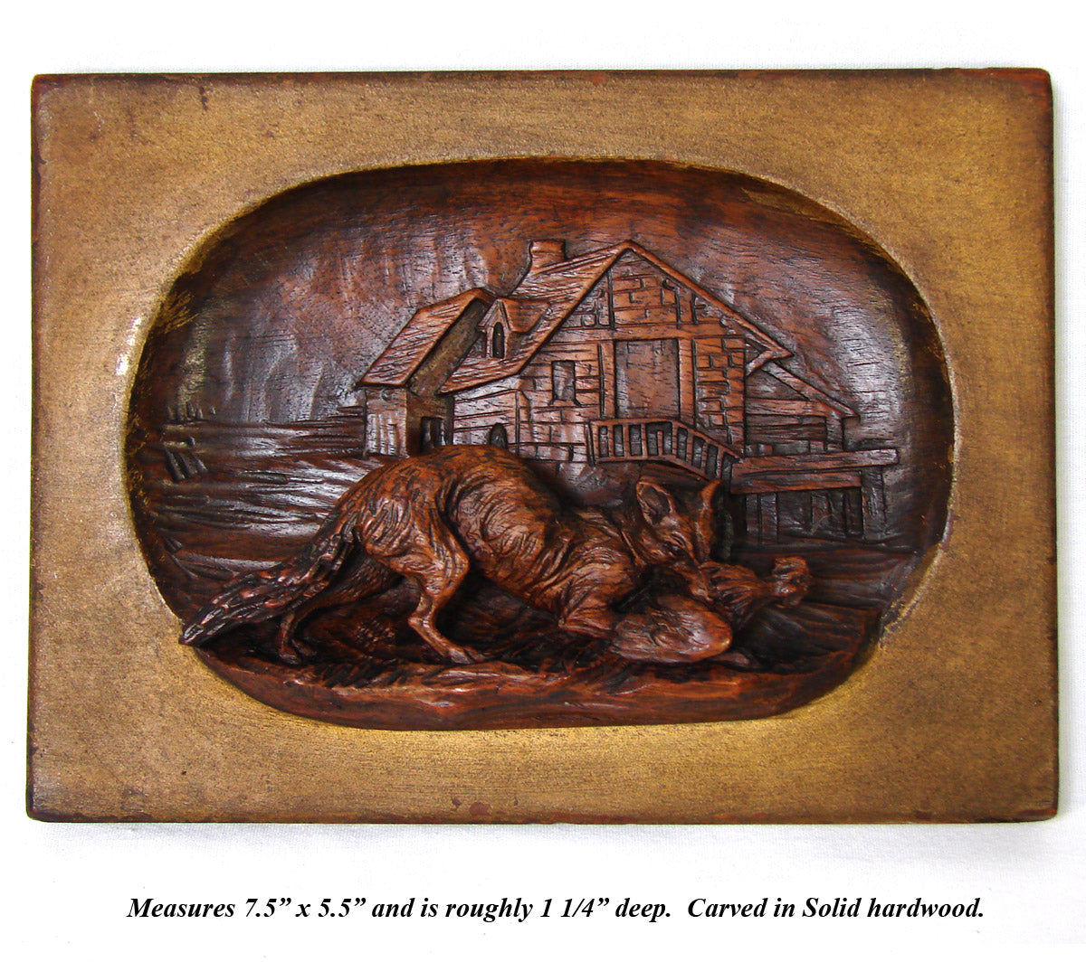 Antique Victorian Era Black Forest Carved 7.5" Plaque, Figural Fox & Hen or Rooster Hunt Theme