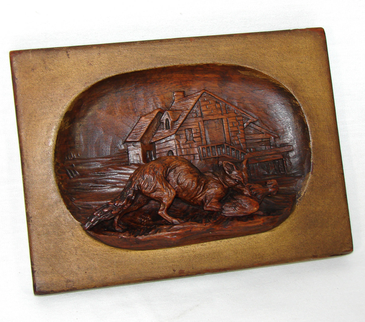 Antique Victorian Era Black Forest Carved 7.5" Plaque, Figural Fox & Hen or Rooster Hunt Theme