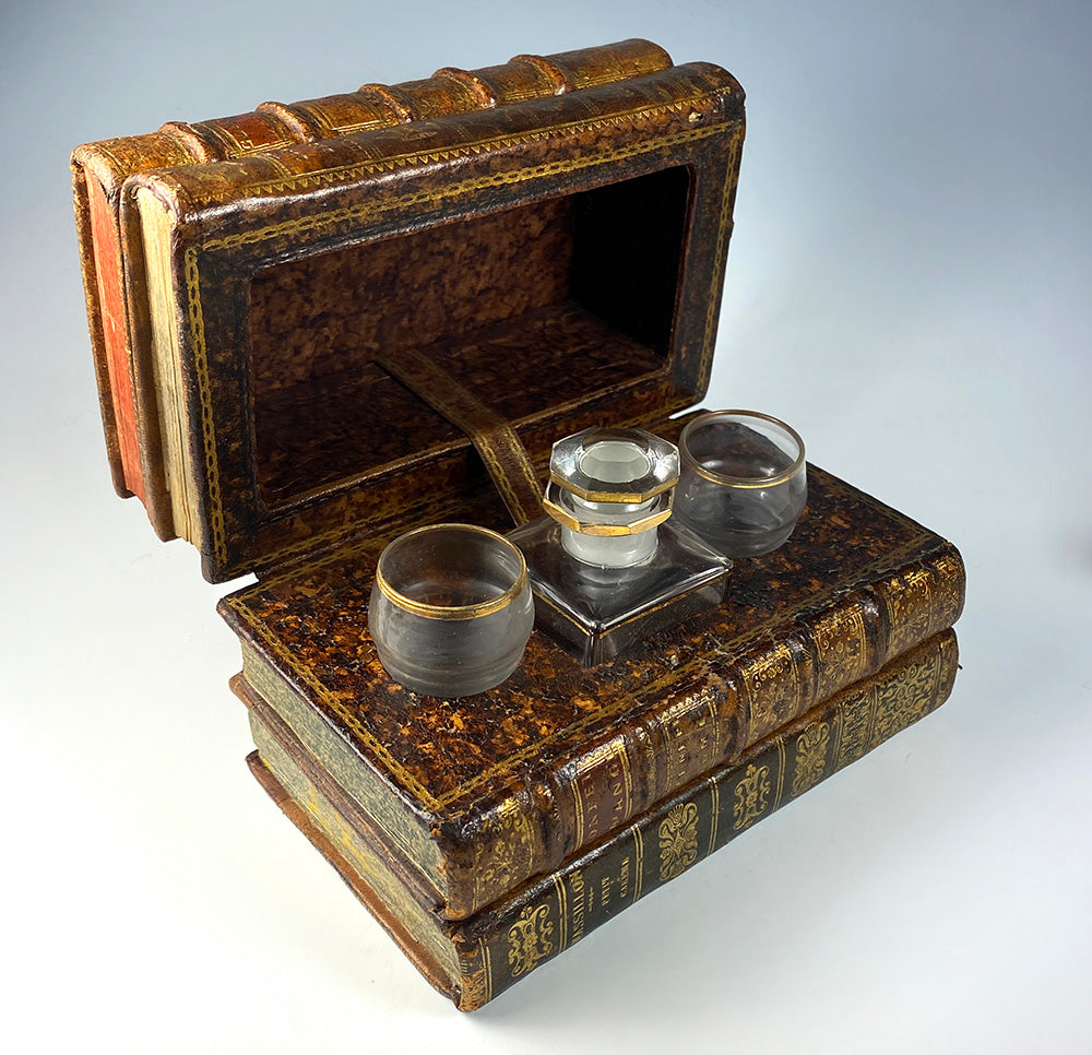 Antique French Leather-bound Book Stack Liqueur Caddy, Service, Decanter and Cordials, Napoleon III