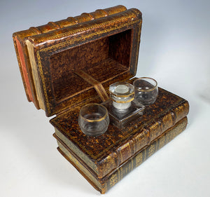 Antique French Leather-bound Book Stack Liqueur Caddy, Service, Decanter and Cordials, Napoleon III