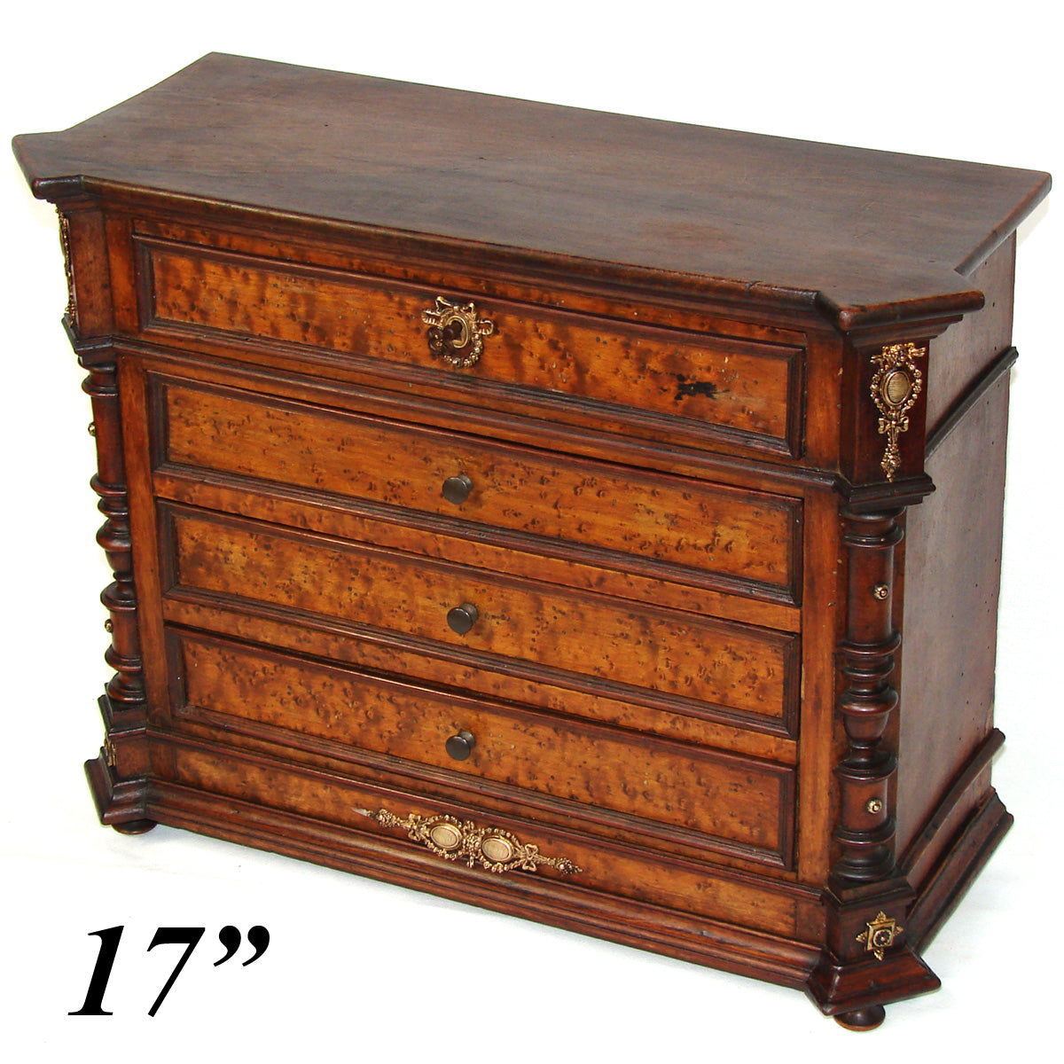 Rare Antique French Napoleon III 17" Ebaniste Apprentice or Doll Sized Miniature Chest of Drawers, Burled