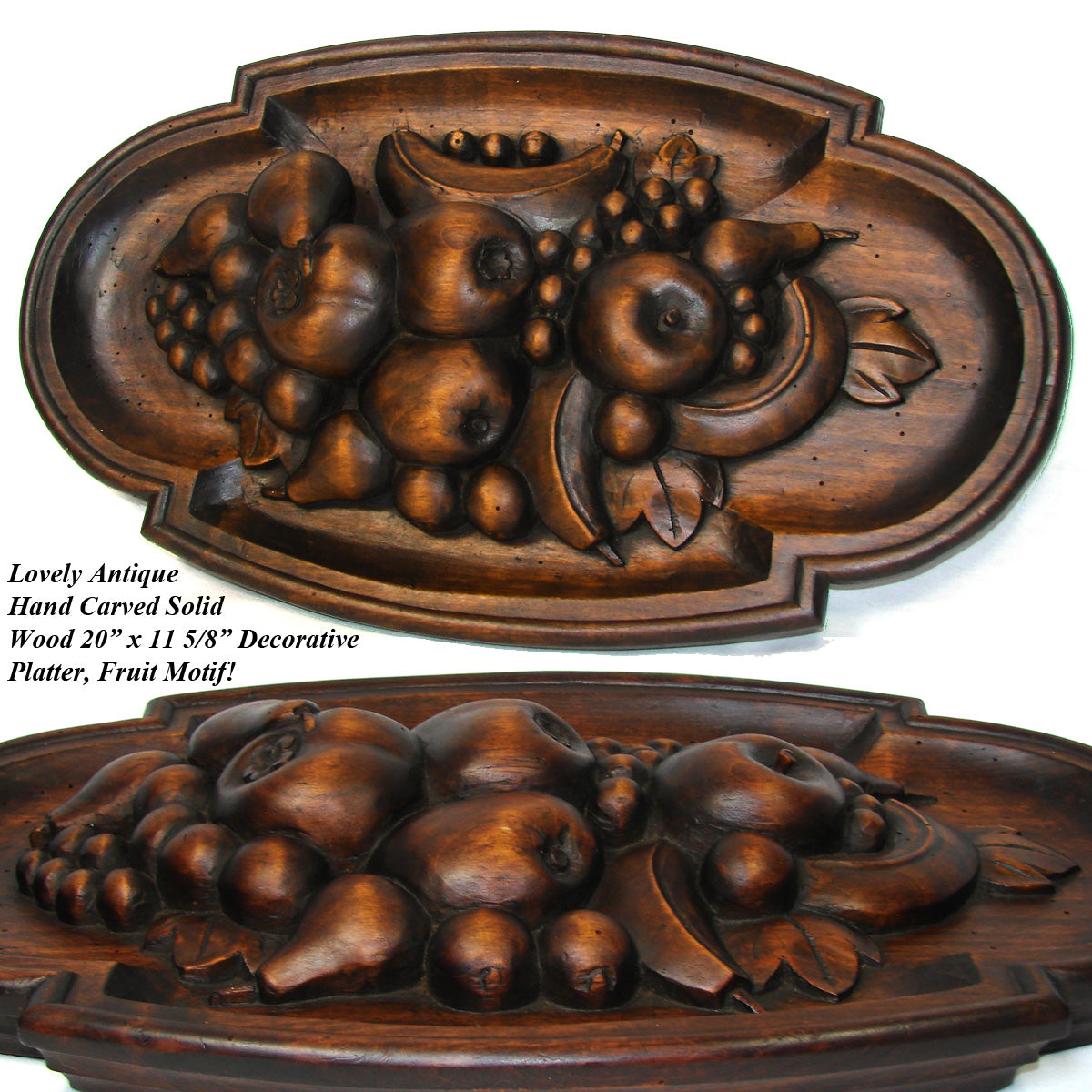 Large Antique Victorian Era Black Forest Style Carved 20" Decorative Tray, Fruit & Foliate