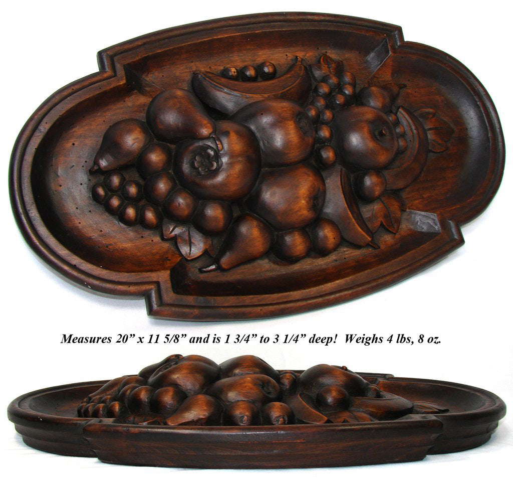 Large Antique Victorian Era Black Forest Style Carved 20" Decorative Tray, Fruit & Foliate