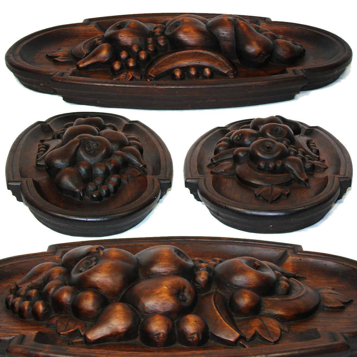 Large Antique Victorian Era Black Forest Style Carved 20" Decorative Tray, Fruit & Foliate