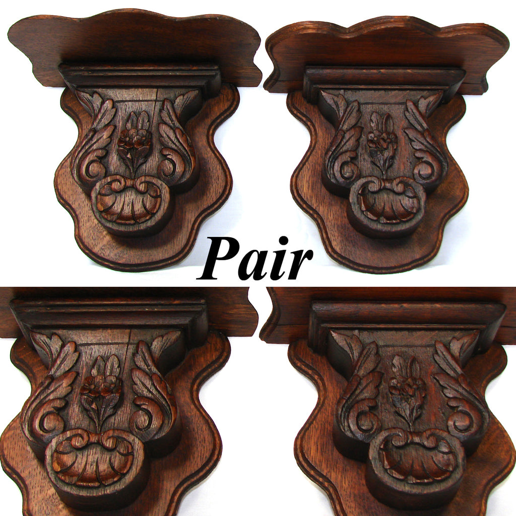 Antique Victorian Era Carved Oak 9" Bracket or Wall Shelf PAIR, Seashells, Flowers & Foliate