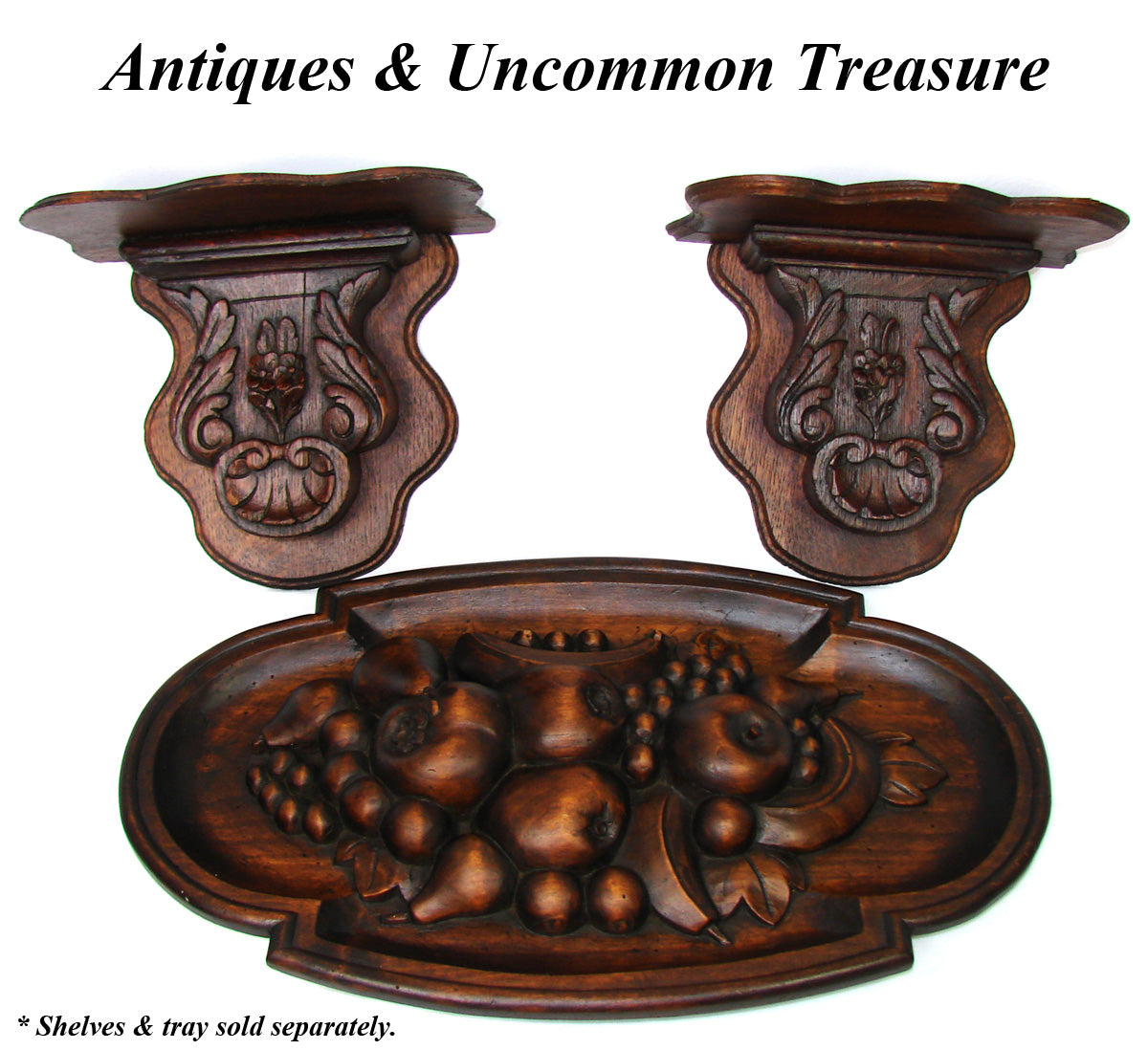 Antique Victorian Era Carved Oak 9" Bracket or Wall Shelf PAIR, Seashells, Flowers & Foliate