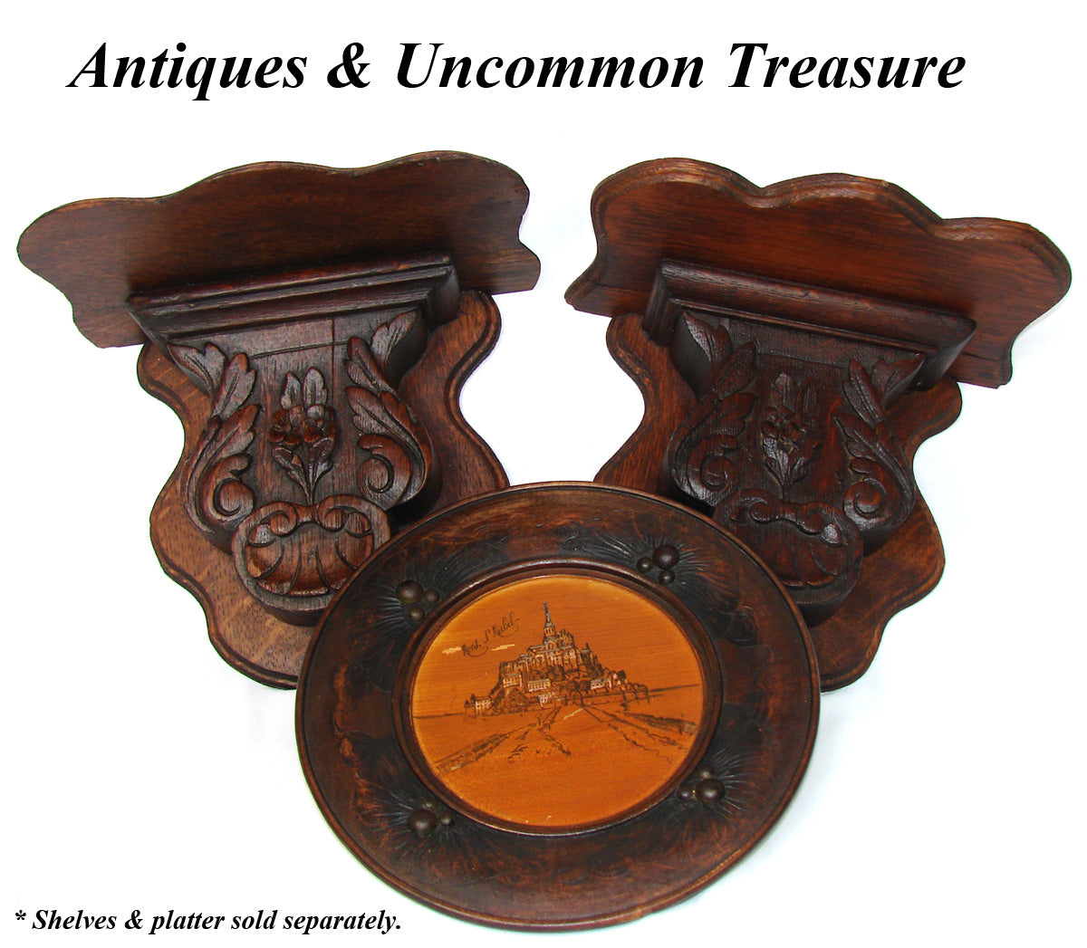 Antique Victorian Era Carved Oak 9" Bracket or Wall Shelf PAIR, Seashells, Flowers & Foliate