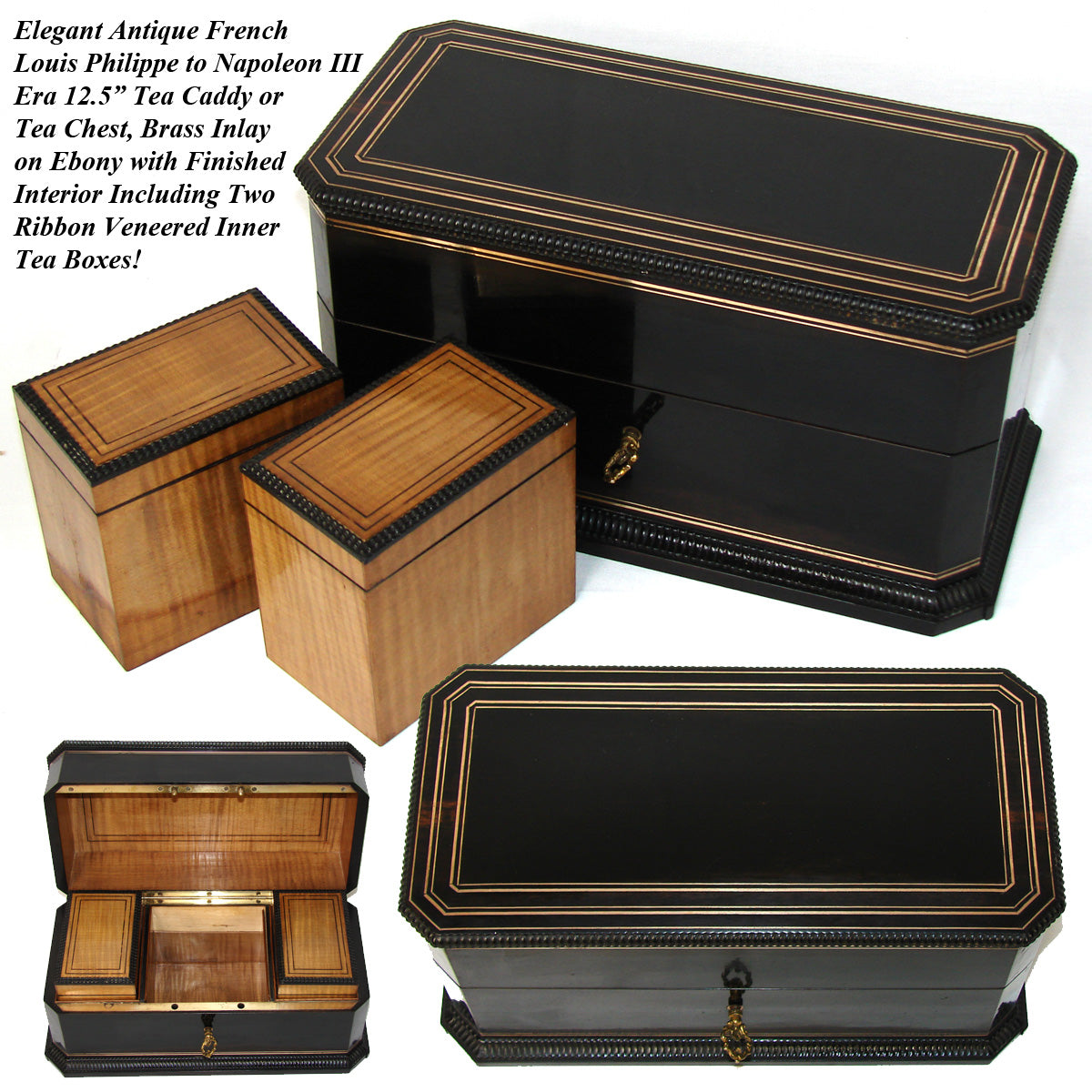 Antique French Louis Philippe to Napoleon III 12.5" Tea Caddy, Chest, Two Opulent Inner Tea Boxes