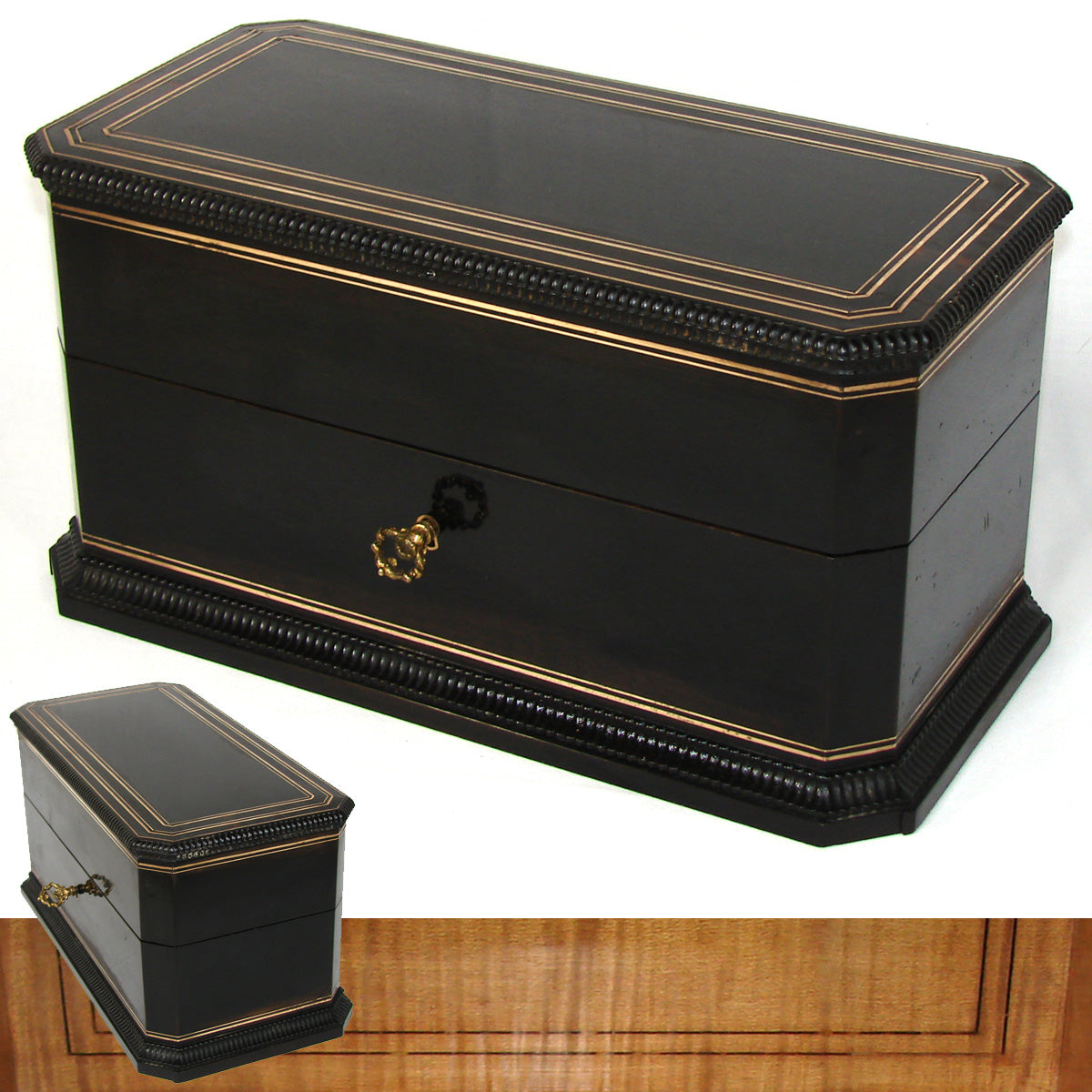 Antique French Louis Philippe to Napoleon III 12.5" Tea Caddy, Chest, Two Opulent Inner Tea Boxes