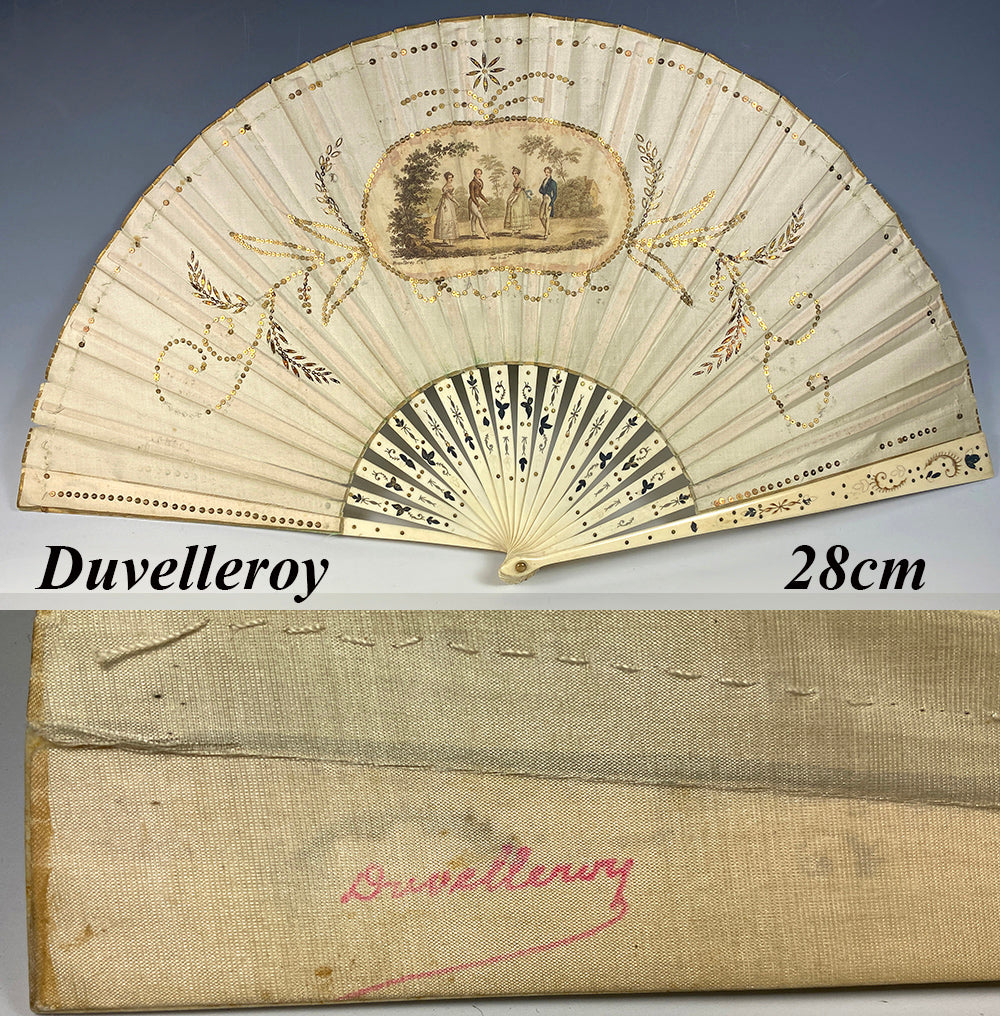 Antique Duvelleroy 28cm French Hand Fan, Empire Revival, Sequins, Carved Bone Guards, Sticks