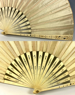 Antique Duvelleroy 28cm French Hand Fan, Empire Revival, Sequins, Carved Bone Guards, Sticks