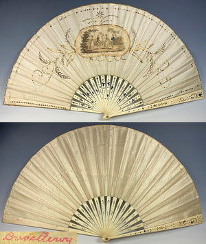 Antique Duvelleroy 28cm French Hand Fan, Empire Revival, Sequins, Carved Bone Guards, Sticks