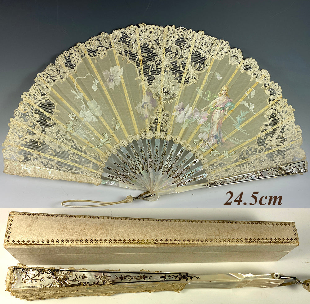 Antique French HP Silk, Lace, Mother of Pearl Hand Fan, Art Nouveau, EC in Box