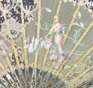 Antique French HP Silk, Lace, Mother of Pearl Hand Fan, Art Nouveau, EC in Box