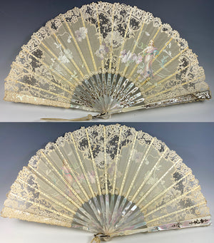 Antique French HP Silk, Lace, Mother of Pearl Hand Fan, Art Nouveau, EC in Box