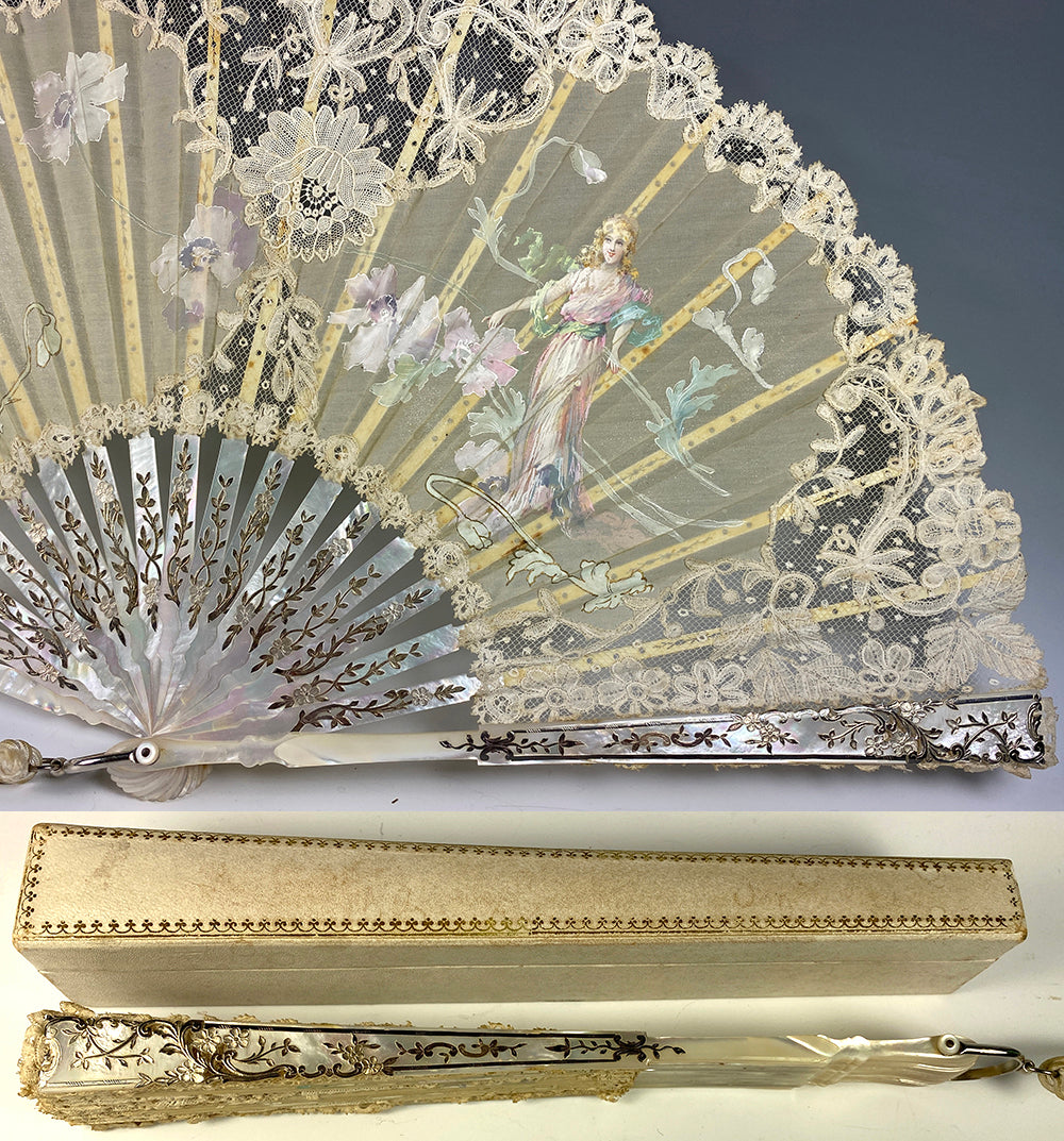 Antique French HP Silk, Lace, Mother of Pearl Hand Fan, Art Nouveau, EC in Box