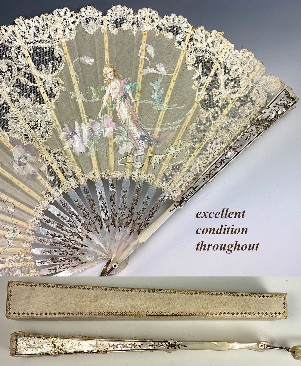 Antique French HP Silk, Lace, Mother of Pearl Hand Fan, Art Nouveau, EC in Box