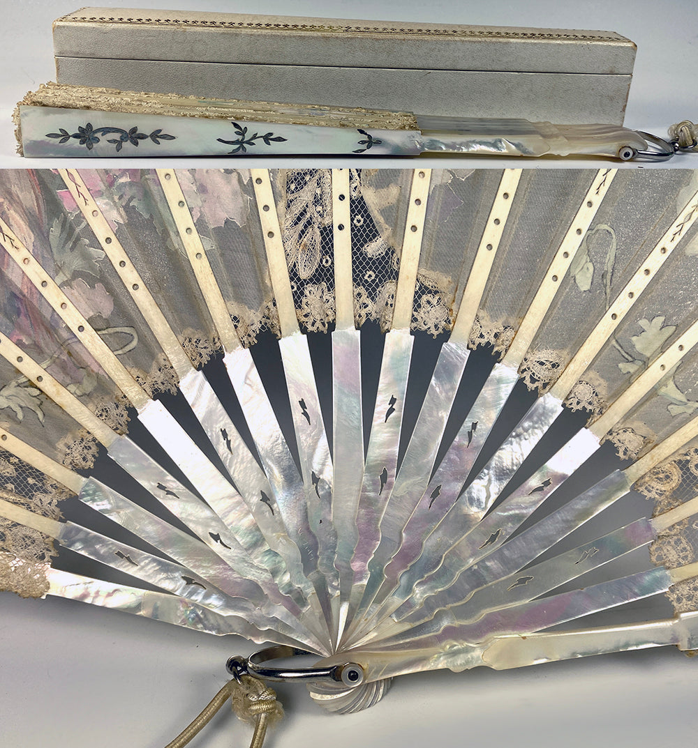 Antique French HP Silk, Lace, Mother of Pearl Hand Fan, Art Nouveau, EC in Box