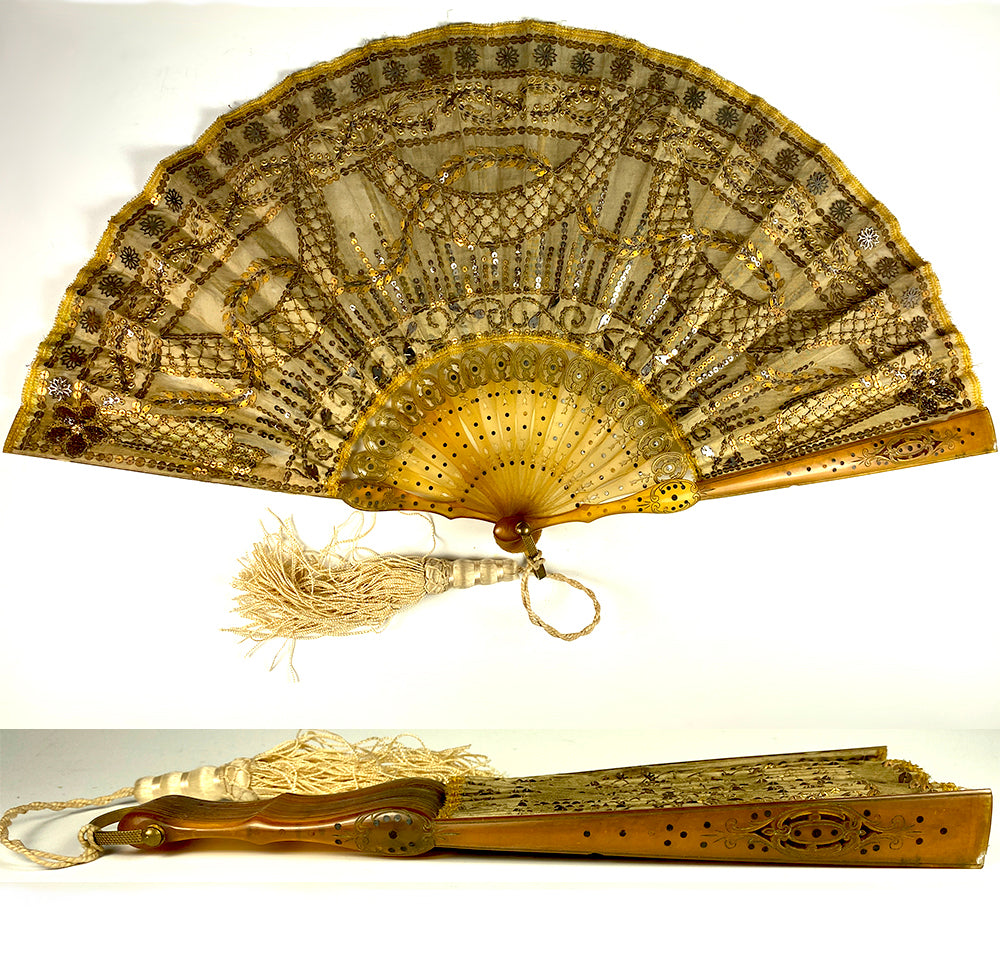 Stunning c. 1905-10 French Sequin and Horn Hand Fan, 21cm, Closed, French Empire Revival