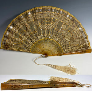 Stunning c. 1905-10 French Sequin and Horn Hand Fan, 21cm, Closed, French Empire Revival