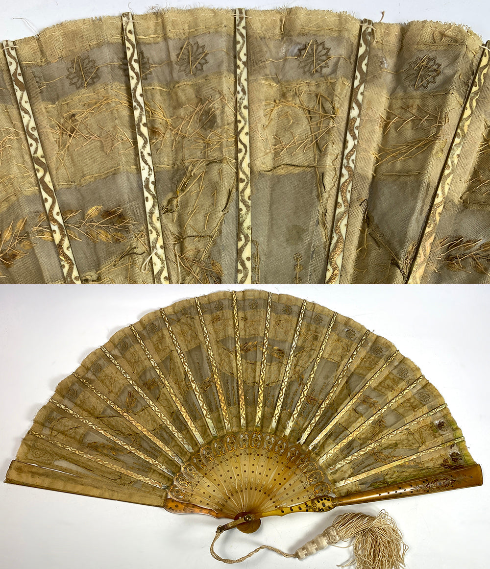 Stunning c. 1905-10 French Sequin and Horn Hand Fan, 21cm, Closed, French Empire Revival