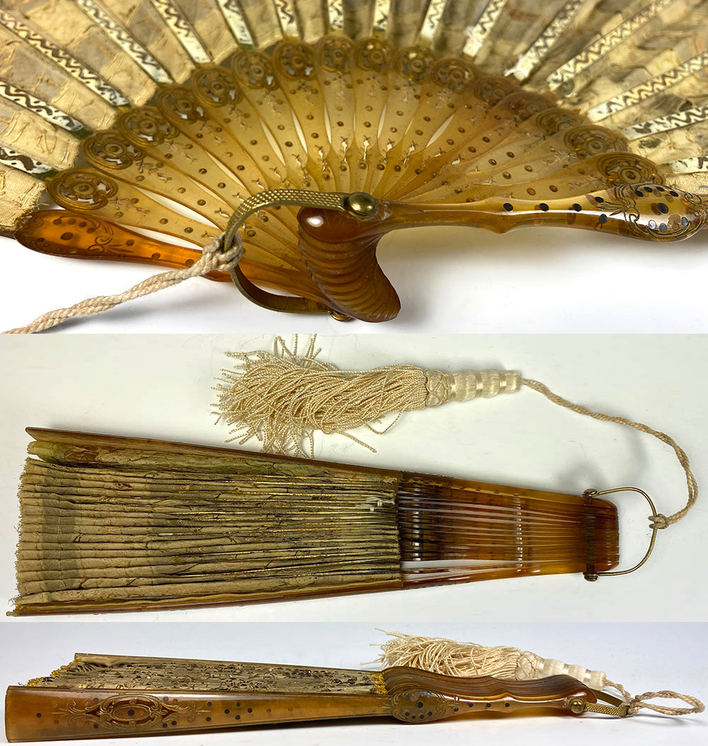 Stunning c. 1905-10 French Sequin and Horn Hand Fan, 21cm, Closed, French Empire Revival