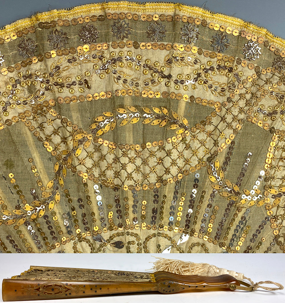 Stunning c. 1905-10 French Sequin and Horn Hand Fan, 21cm, Closed, French Empire Revival