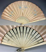 Large 32cm Antique French Hand Fan, Painted Silk and Carved Bone Monture, Art Nouveau